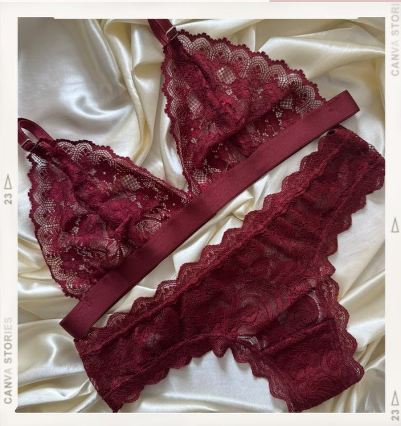 Lencería Vino Elegante - conjunto vinotinto de encaje tipo triangulo - Seduxxion
